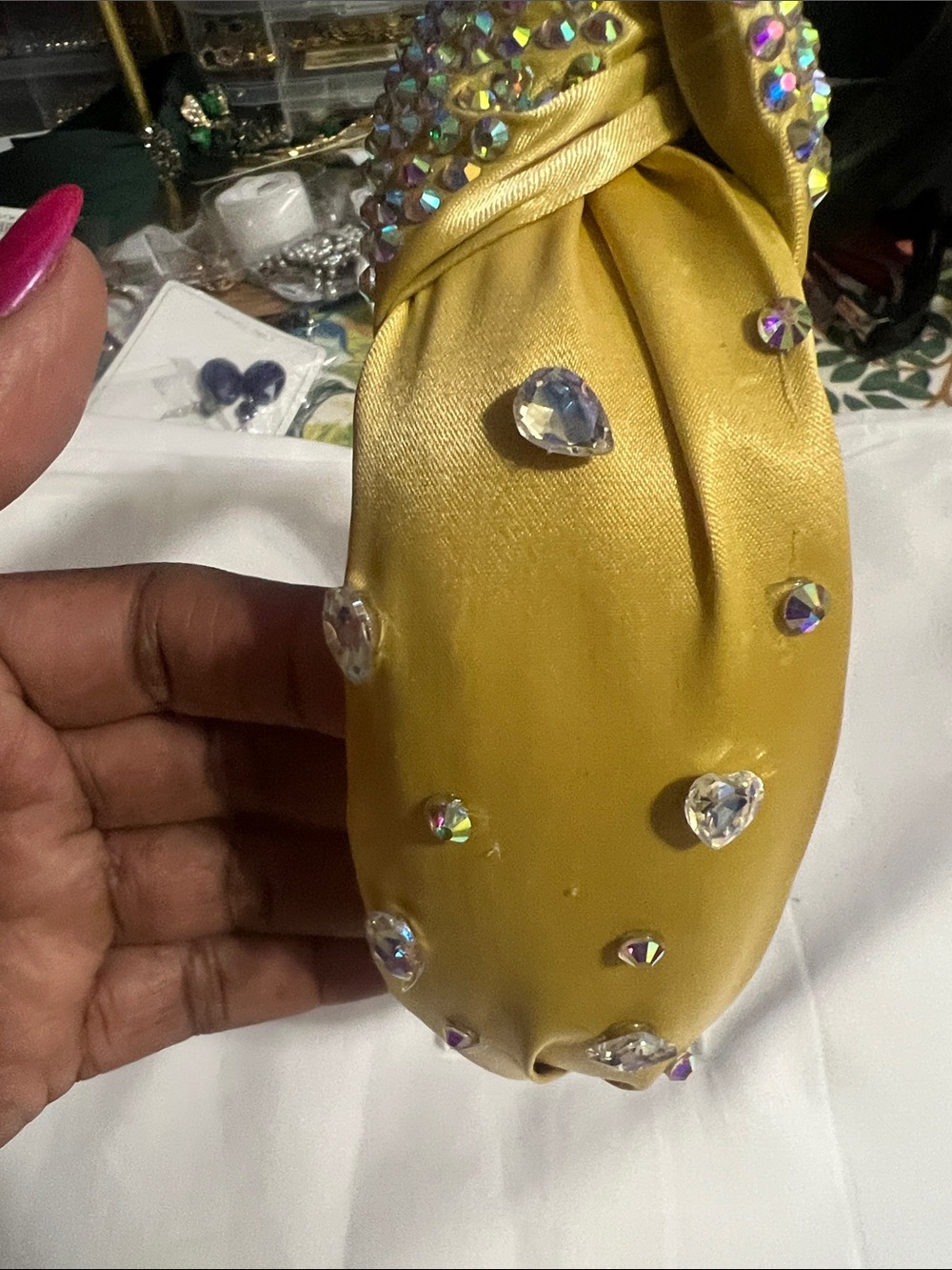 Yellow Satin Jeweled Knot Headband